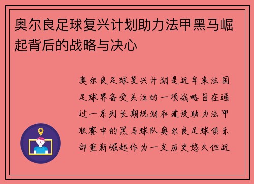 奥尔良足球复兴计划助力法甲黑马崛起背后的战略与决心