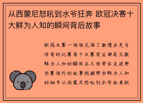 从西蒙尼怒吼到水爷狂奔 欧冠决赛十大鲜为人知的瞬间背后故事