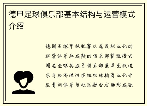 德甲足球俱乐部基本结构与运营模式介绍